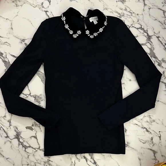 Maison Jules Black Long Sleeve Top with Detachable Jewel Collar - Picture 1 of 6